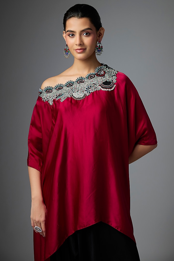 Black Satin Hand Embroidered Draped Pant Set by Nupur Kanoi at Pernia's Pop Up Shop