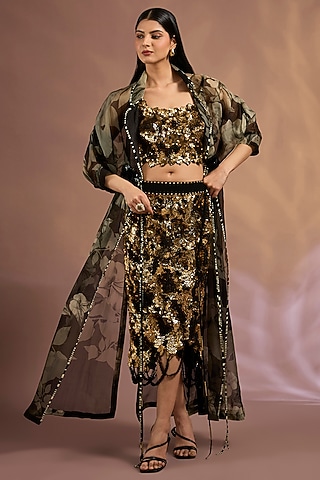 Black Organza Printed Jacket Set by Nupur Kanoi