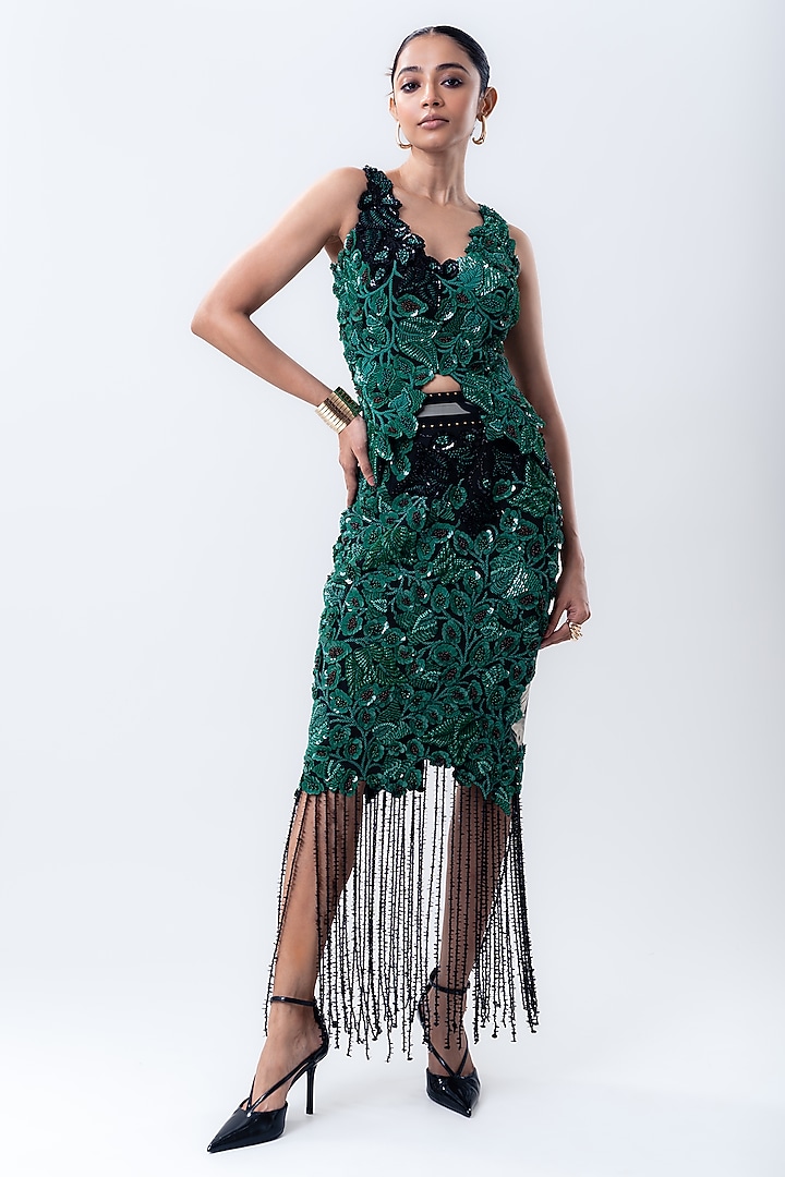 Green Crepe & Lycra Skirt Set by Nupur Kanoi at Pernia's Pop Up Shop