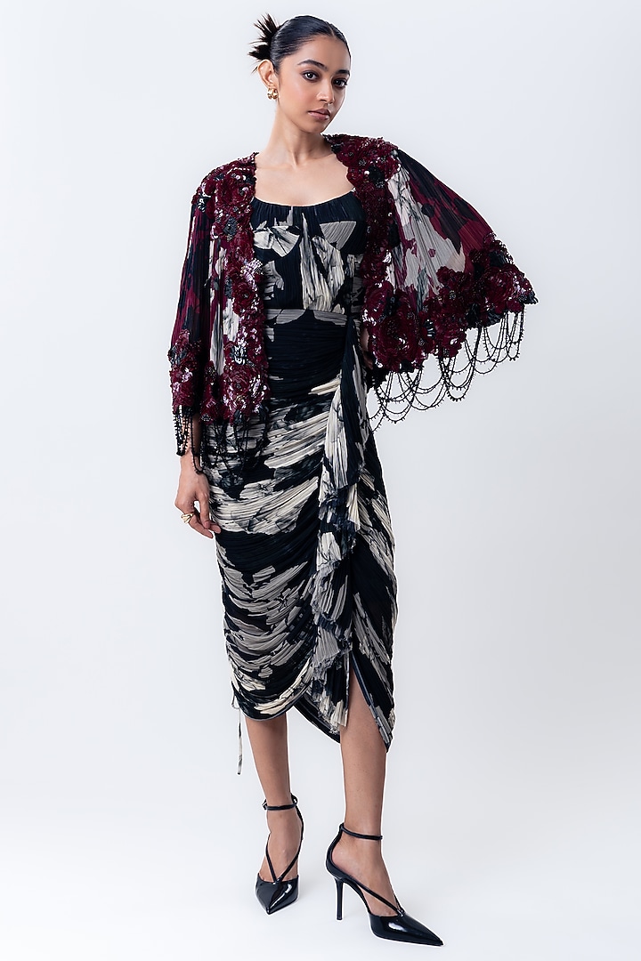 Black Chiffon & Crepe Printed Jacket Party Wear Dress by Nupur Kanoi at Pernia's Pop Up Shop