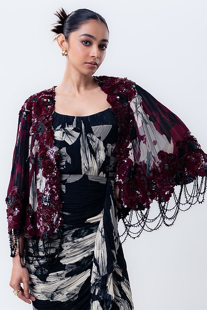 Black Chiffon & Crepe Printed Jacket Party Wear Dress by Nupur Kanoi at Pernia's Pop Up Shop