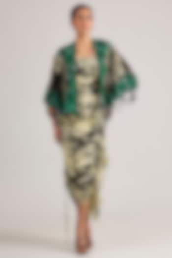 Off-White Chiffon Printed Bustier Maxi Party Wear Dress With Cape by Nupur Kanoi at Pernia's Pop Up Shop