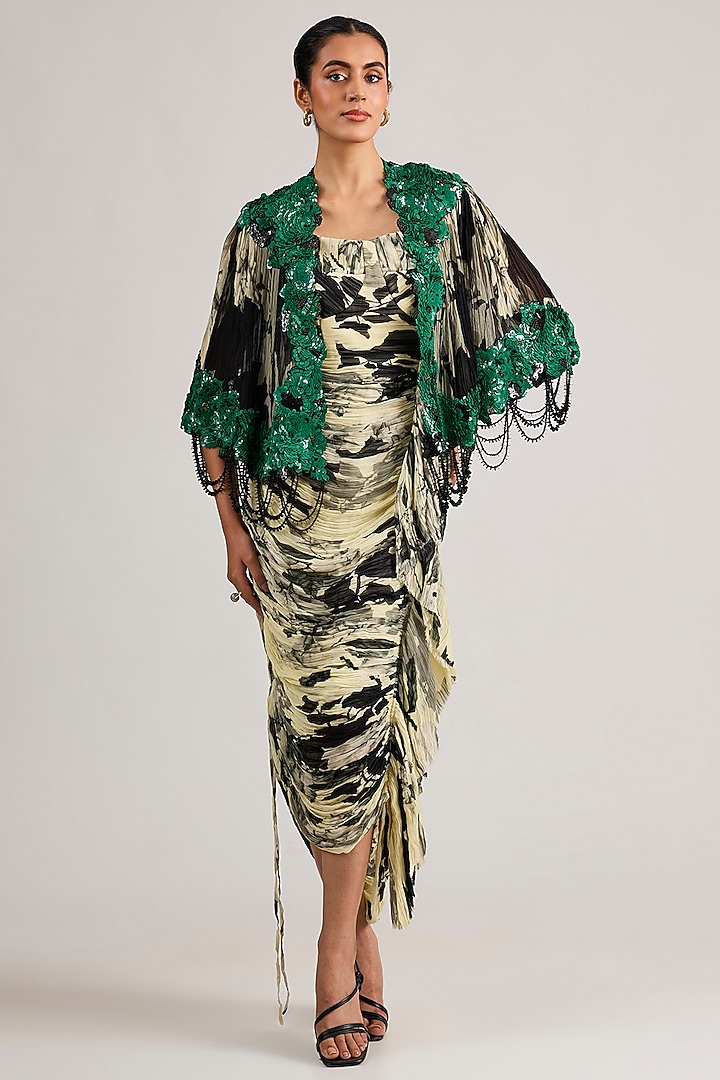 Off-White Chiffon Printed Bustier Maxi Party Wear Dress With Cape by Nupur Kanoi at Pernia's Pop Up Shop
