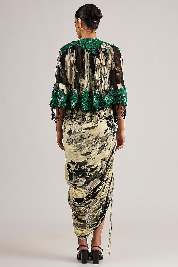 Off-White Chiffon Printed Bustier Maxi Party Wear Dress With Cape by Nupur Kanoi at Pernia's Pop Up Shop