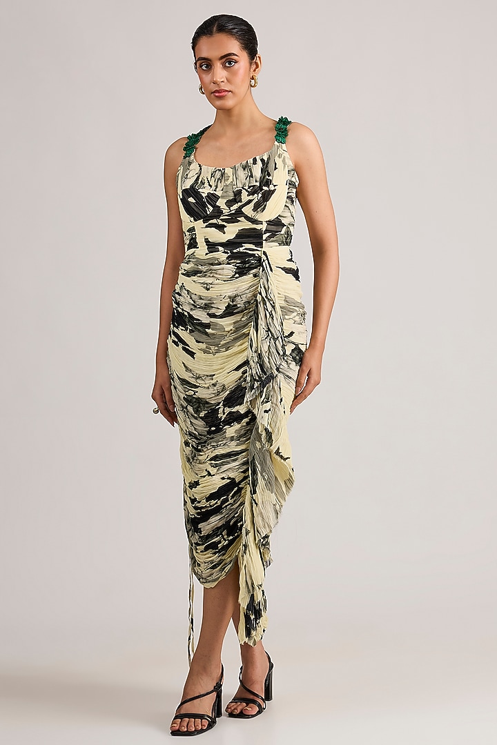 Off-White Chiffon Printed Bustier Maxi Party Wear Dress With Cape by Nupur Kanoi at Pernia's Pop Up Shop