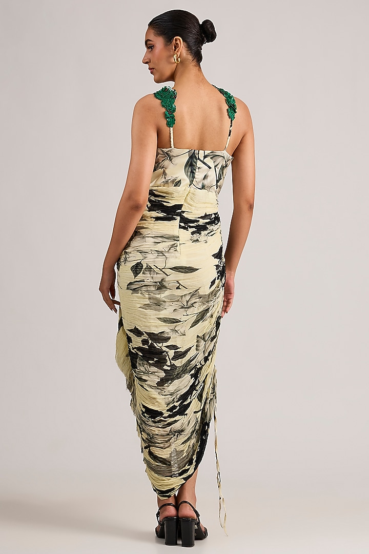 Off-White Chiffon Printed Bustier Maxi Party Wear Dress With Cape by Nupur Kanoi at Pernia's Pop Up Shop