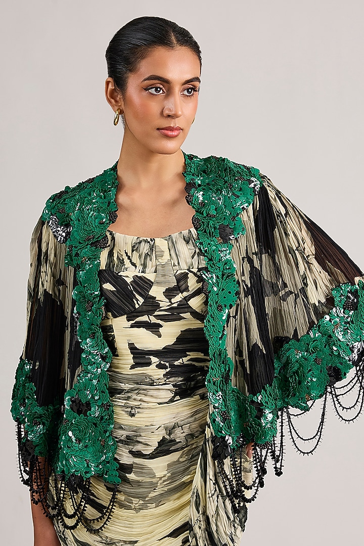 Off-White Chiffon Printed Bustier Maxi Party Wear Dress With Cape by Nupur Kanoi at Pernia's Pop Up Shop