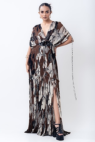 Brown Chiffon & Crepe Printed Maxi Dress by Nupur Kanoi