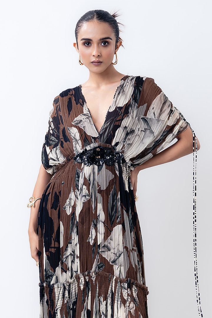 Brown Chiffon & Crepe Printed Maxi Party Wear Dress by Nupur Kanoi at Pernia's Pop Up Shop