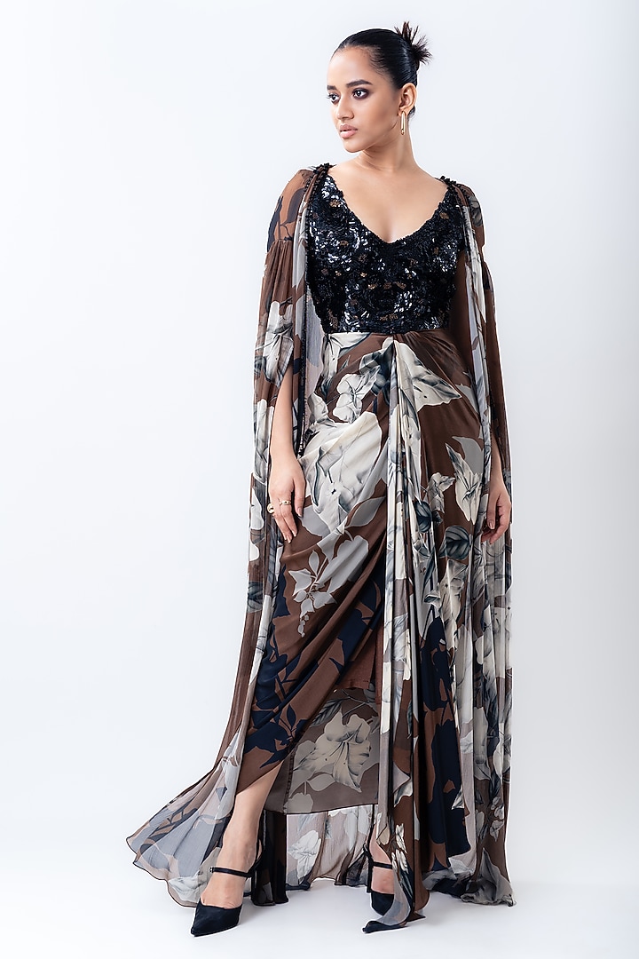 Brown Chiffon & Crepe Printed Jacket Party Wear Dress by Nupur Kanoi at Pernia's Pop Up Shop