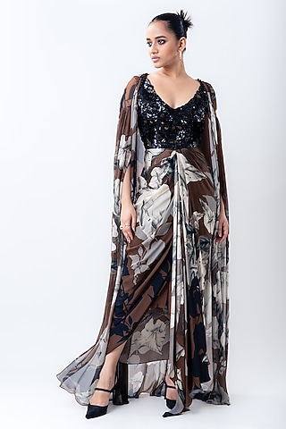 Brown Chiffon & Crepe Printed Jacket Dress by Nupur Kanoi
