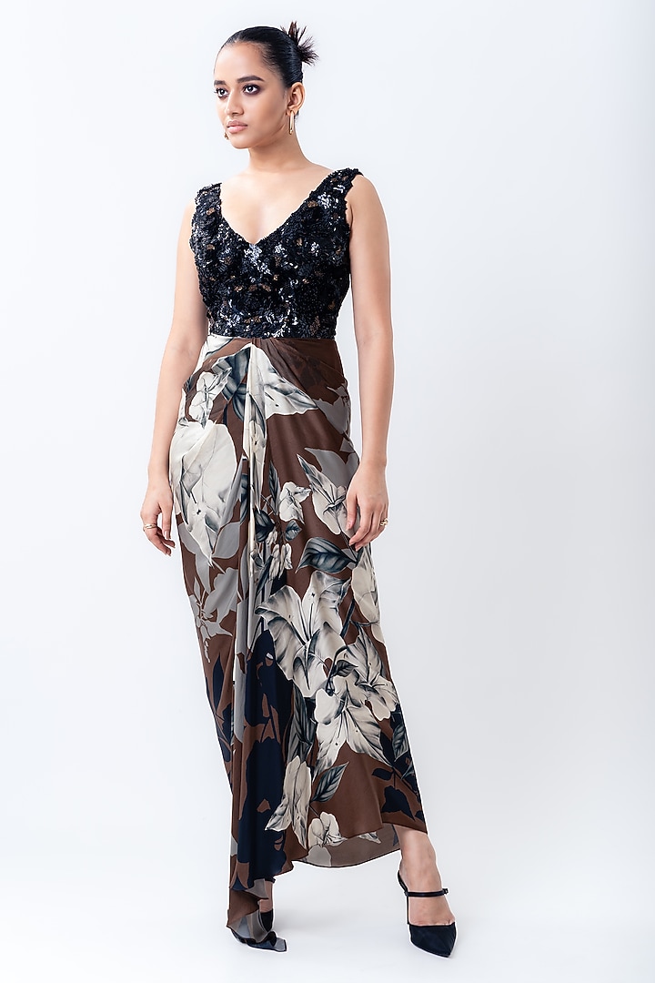 Brown Chiffon & Crepe Printed Jacket Party Wear Dress by Nupur Kanoi at Pernia's Pop Up Shop