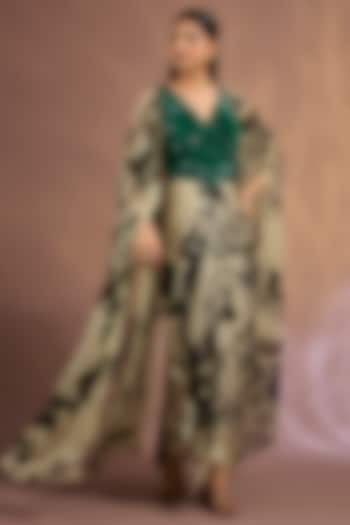 Off-White & Green Crepe Printed Jacket Party Wear Dress by Nupur Kanoi at Pernia's Pop Up Shop