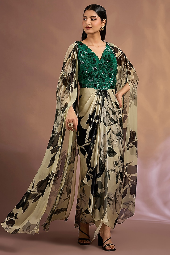 Off-White & Green Crepe Printed Jacket Party Wear Dress by Nupur Kanoi at Pernia's Pop Up Shop