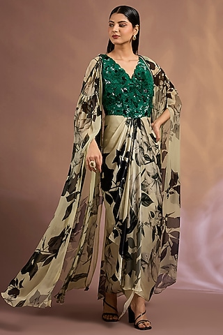 Off-White & Green Crepe Printed Jacket Dress by Nupur Kanoi