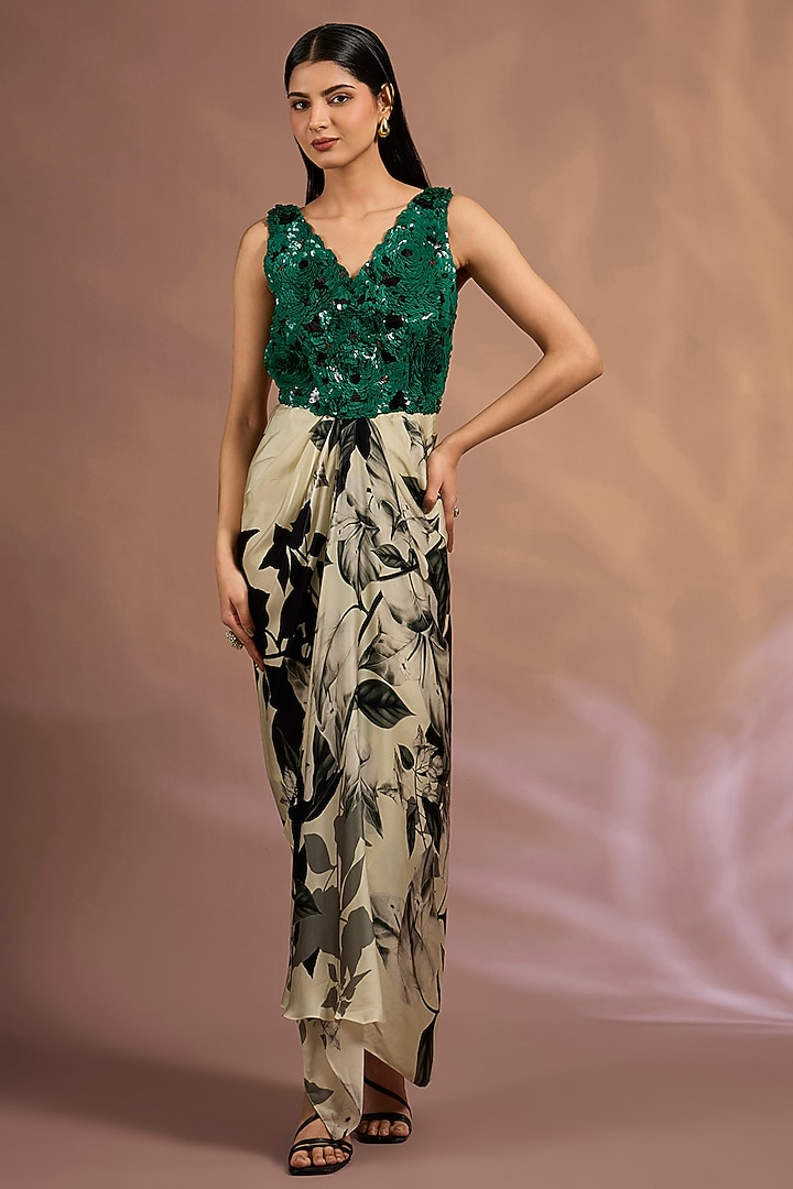 Off-White & Green Crepe Printed Jacket Party Wear Dress by Nupur Kanoi at Pernia's Pop Up Shop