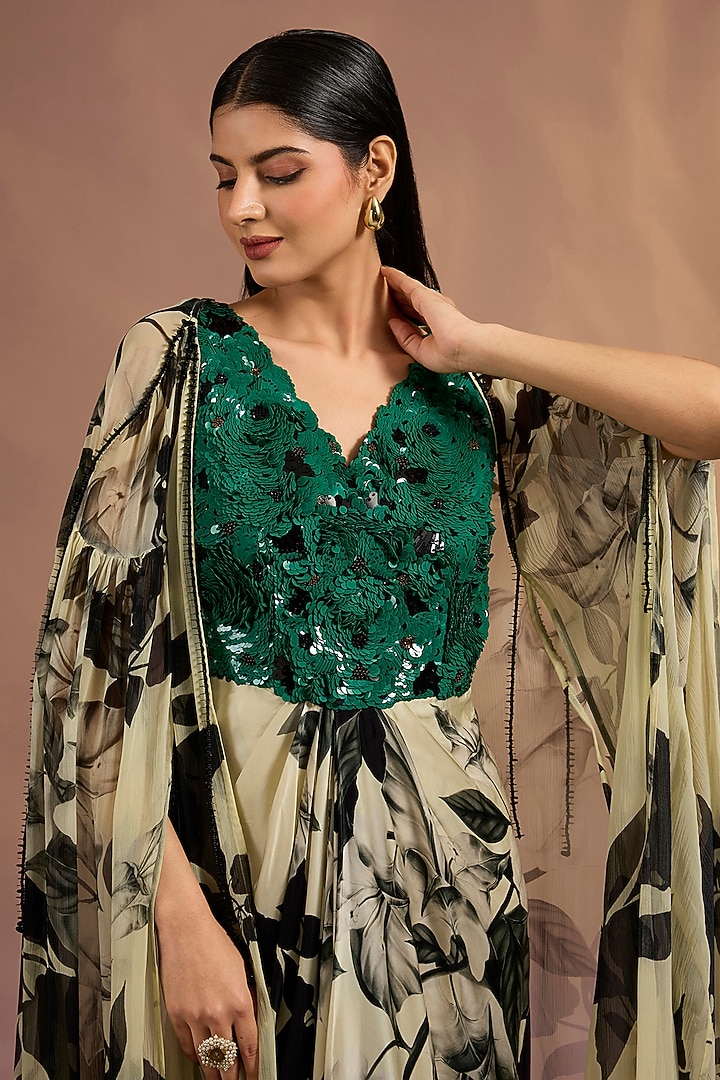 Off-White & Green Crepe Printed Jacket Party Wear Dress by Nupur Kanoi at Pernia's Pop Up Shop