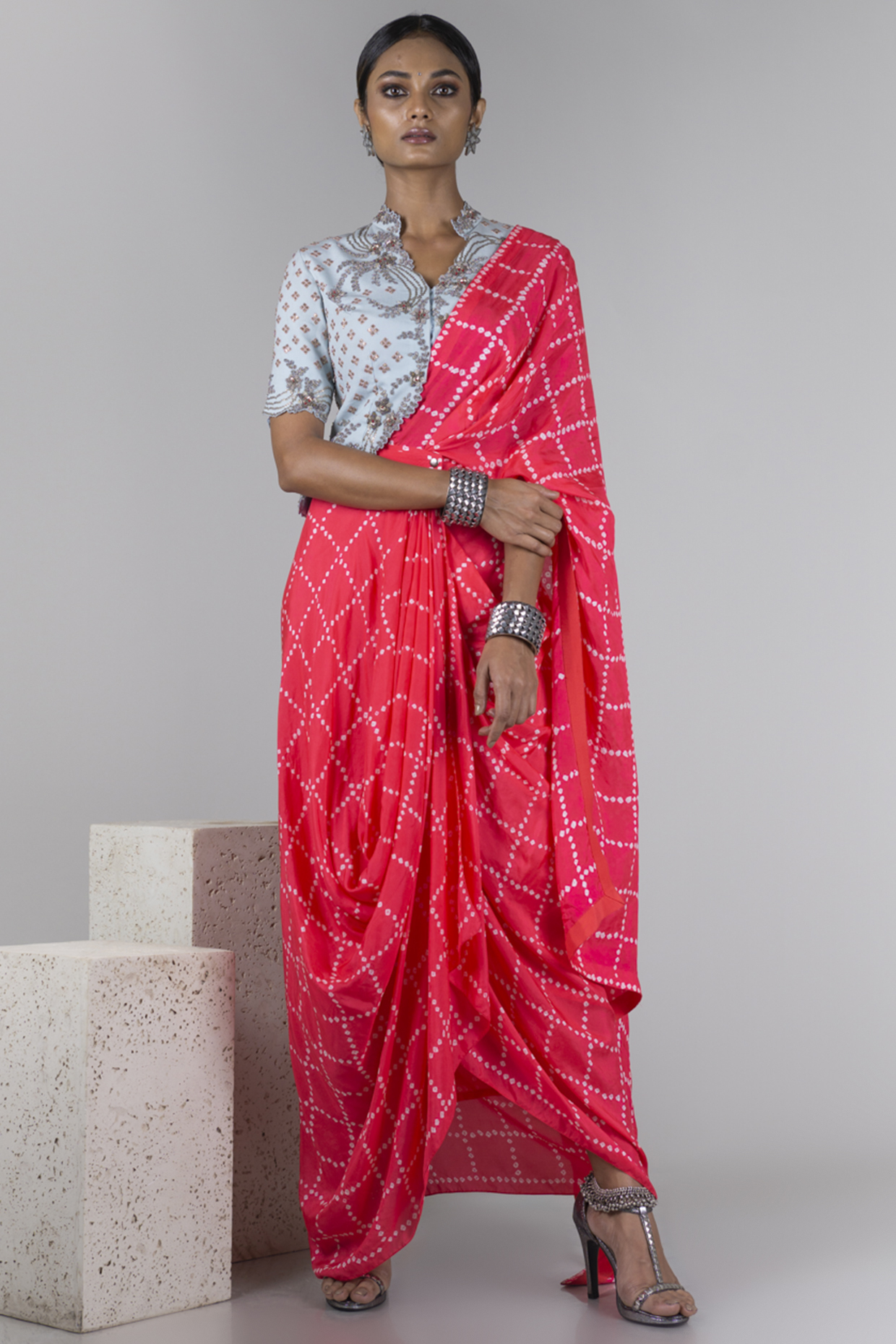 Powder Blue & Coral Pre-Draped Saree Set by Nupur Kanoi