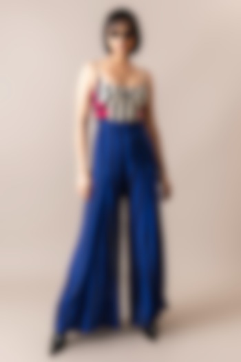 Cobalt Blue Crepe Digital Stripes Printed Bustier Jumpsuit by Nupur Kanoi at Pernia's Pop Up Shop