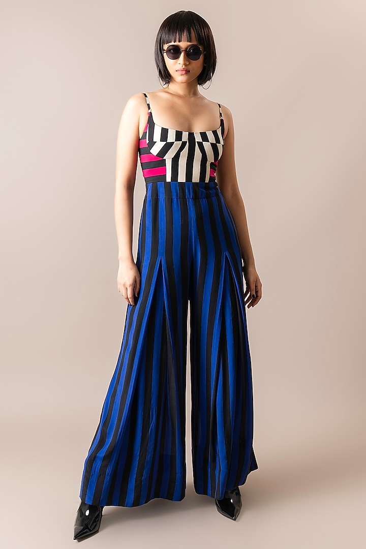 Cobalt Blue Crepe Digital Stripes Printed Bustier Jumpsuit by Nupur Kanoi at Pernia's Pop Up Shop