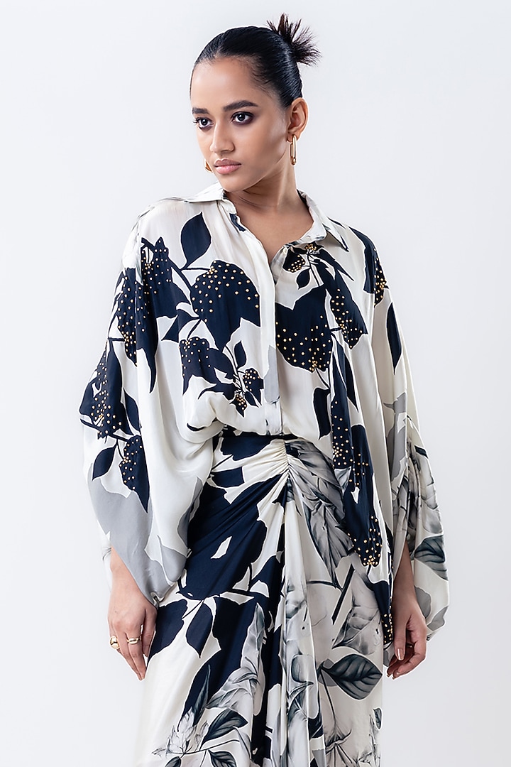Off-White Satin Printed Skirt Set by Nupur Kanoi at Pernia's Pop Up Shop