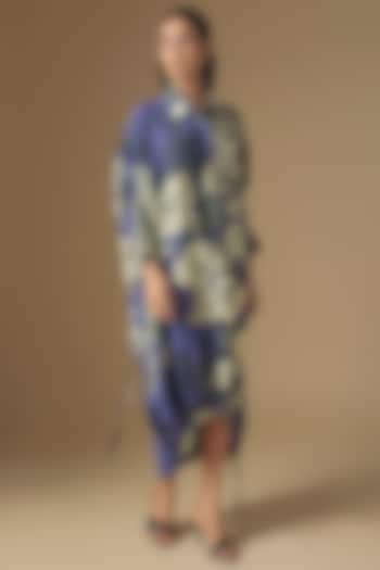 Navy Silk Digital Printed Cocktail Shirt Dress by Nupur Kanoi at Pernia's Pop Up Shop
