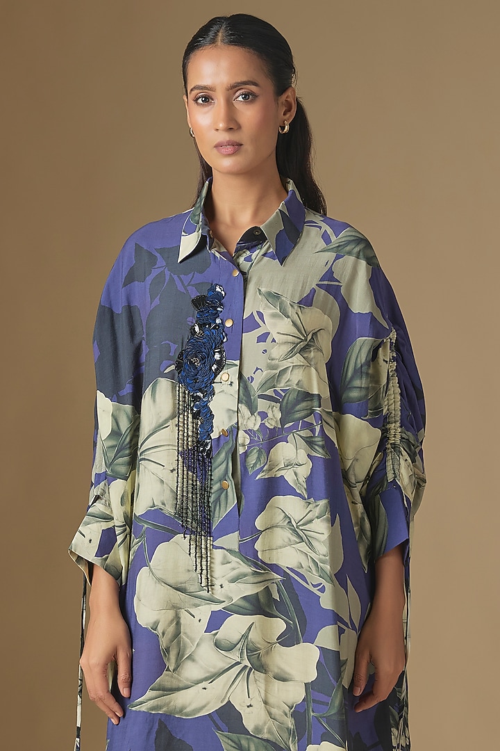 Navy Silk Digital Printed Cocktail Shirt Dress by Nupur Kanoi at Pernia's Pop Up Shop