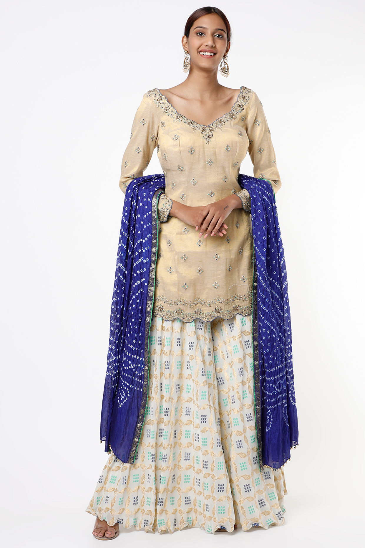 Gold & Ivory Georgette Wedding Sharara Set by NITIKA GUJRAL at Pernia's Pop Up Shop