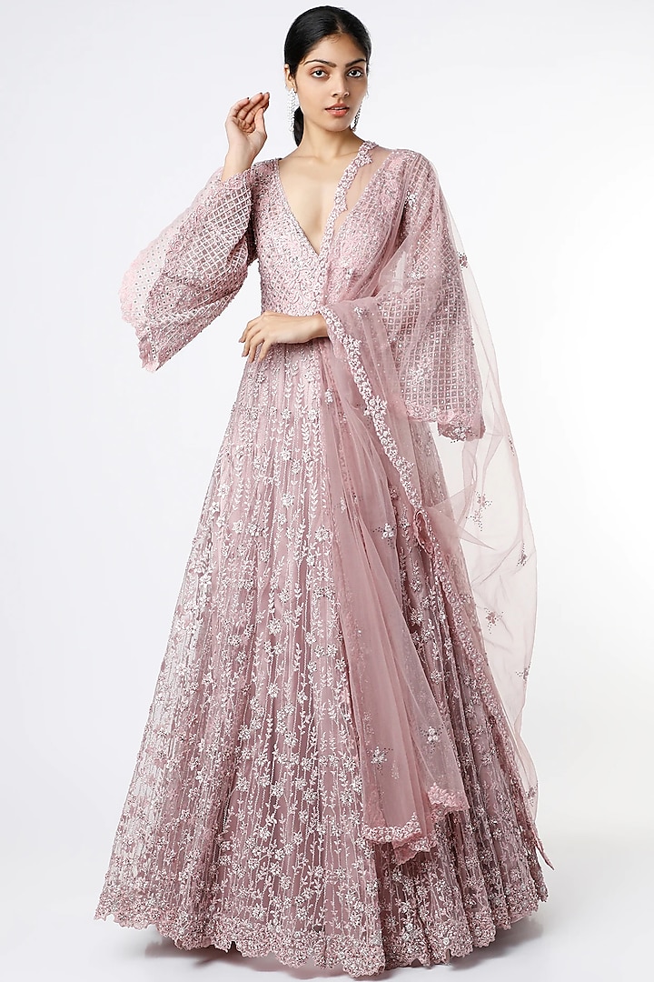 Mauve Net Embroidered Gown With Dupatta by NITIKA GUJRAL