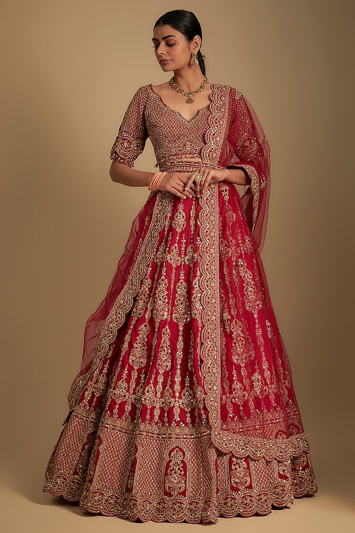 Red Raw Silk Dabka & Sequins Embroidered Bridal Lehenga Set by NITIKA GUJRAL at Pernia's Pop Up Shop