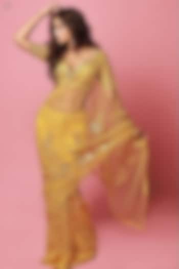 Sunburst Yellow Net Mirror Embroidered Wedding Saree Set by NITIKA GUJRAL at Pernia's Pop Up Shop