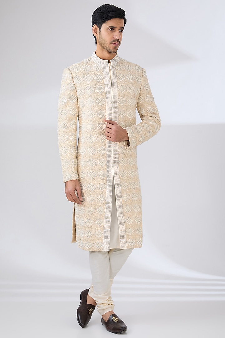 Beige Monga Silk Embroidered Groom Sherwani Set by NITIKA GUJRAL MEN at Pernia's Pop Up Shop