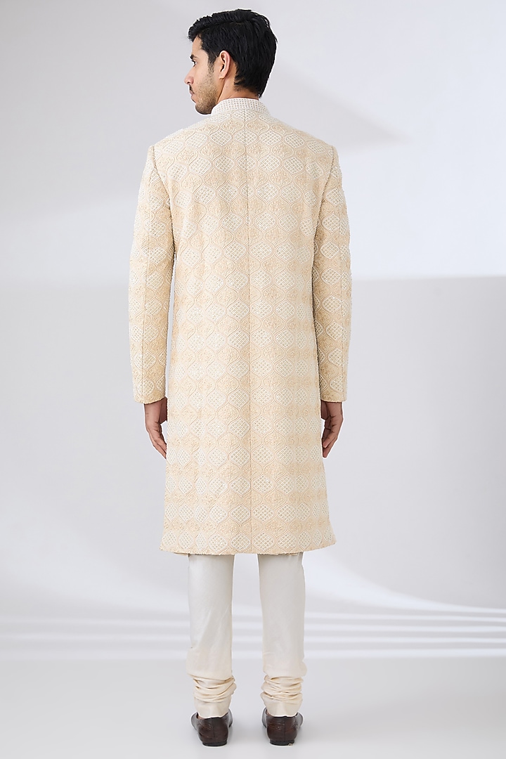 Beige Monga Silk Embroidered Groom Sherwani Set by NITIKA GUJRAL MEN at Pernia's Pop Up Shop
