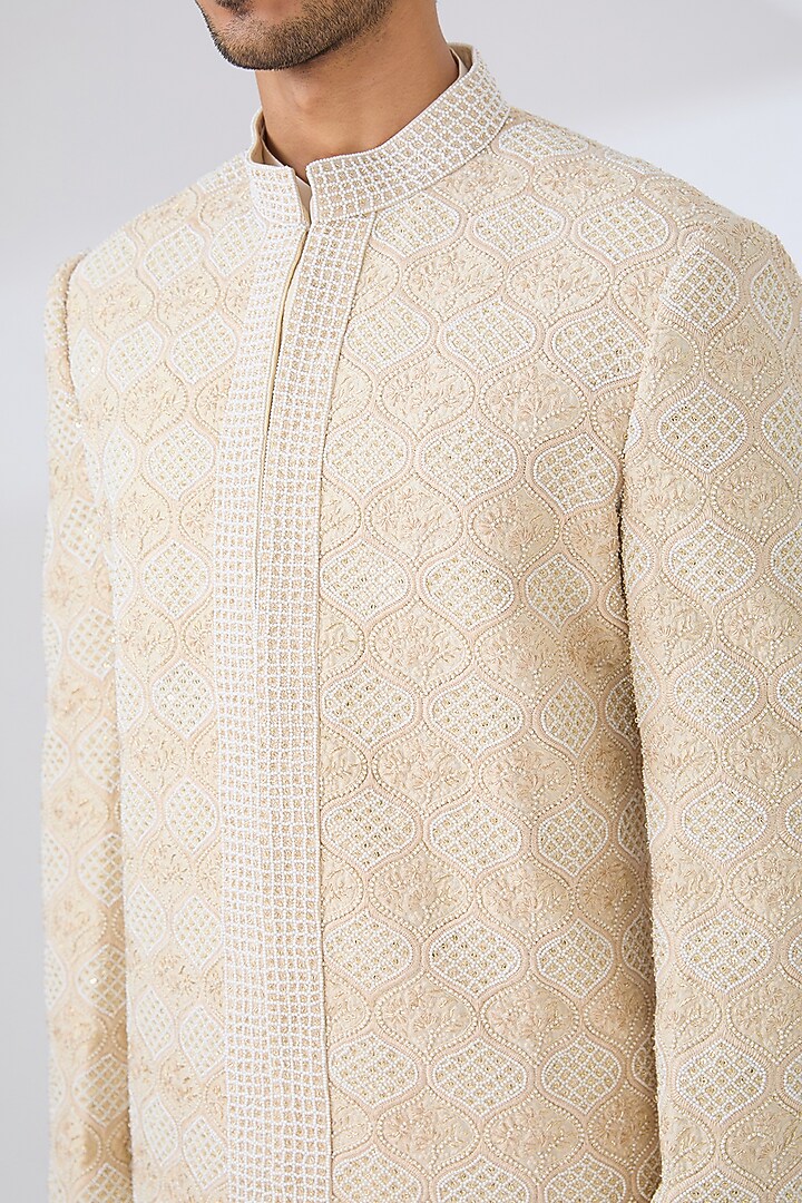 Beige Monga Silk Embroidered Groom Sherwani Set by NITIKA GUJRAL MEN at Pernia's Pop Up Shop