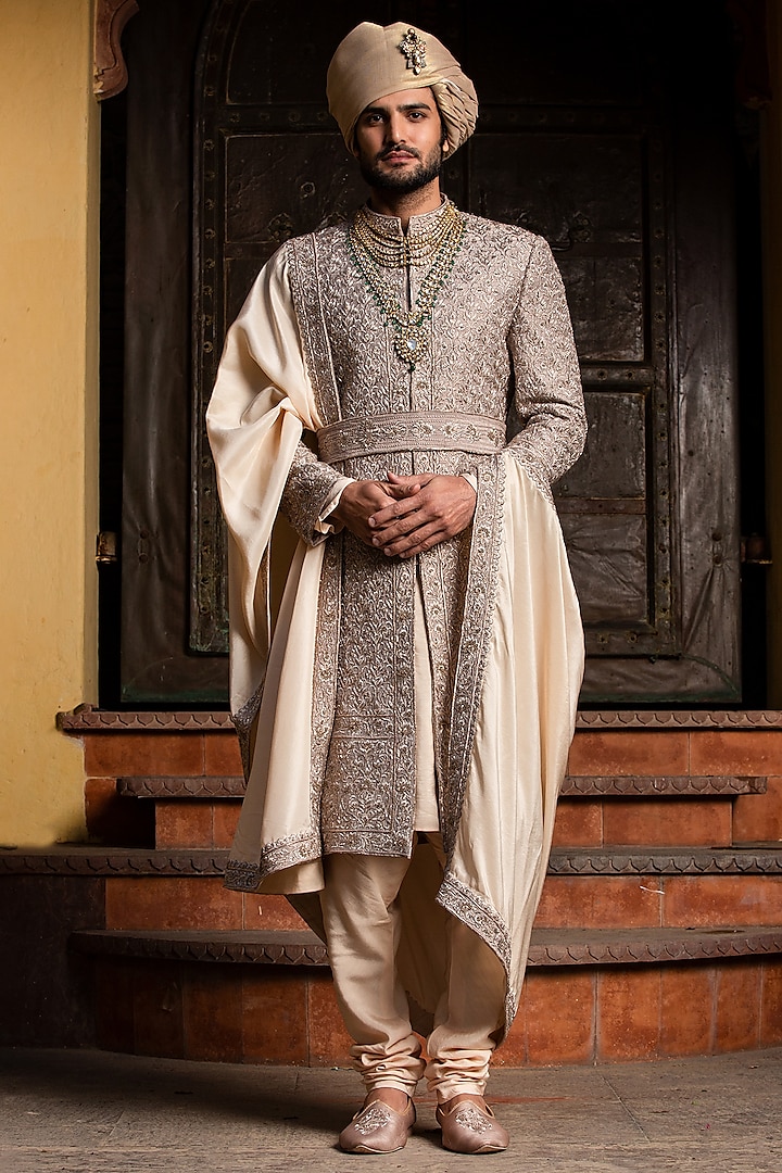 Coffee Raw Silk Embroidered Groom Sherwani Set by NITIKA GUJRAL MEN at Pernia's Pop Up Shop