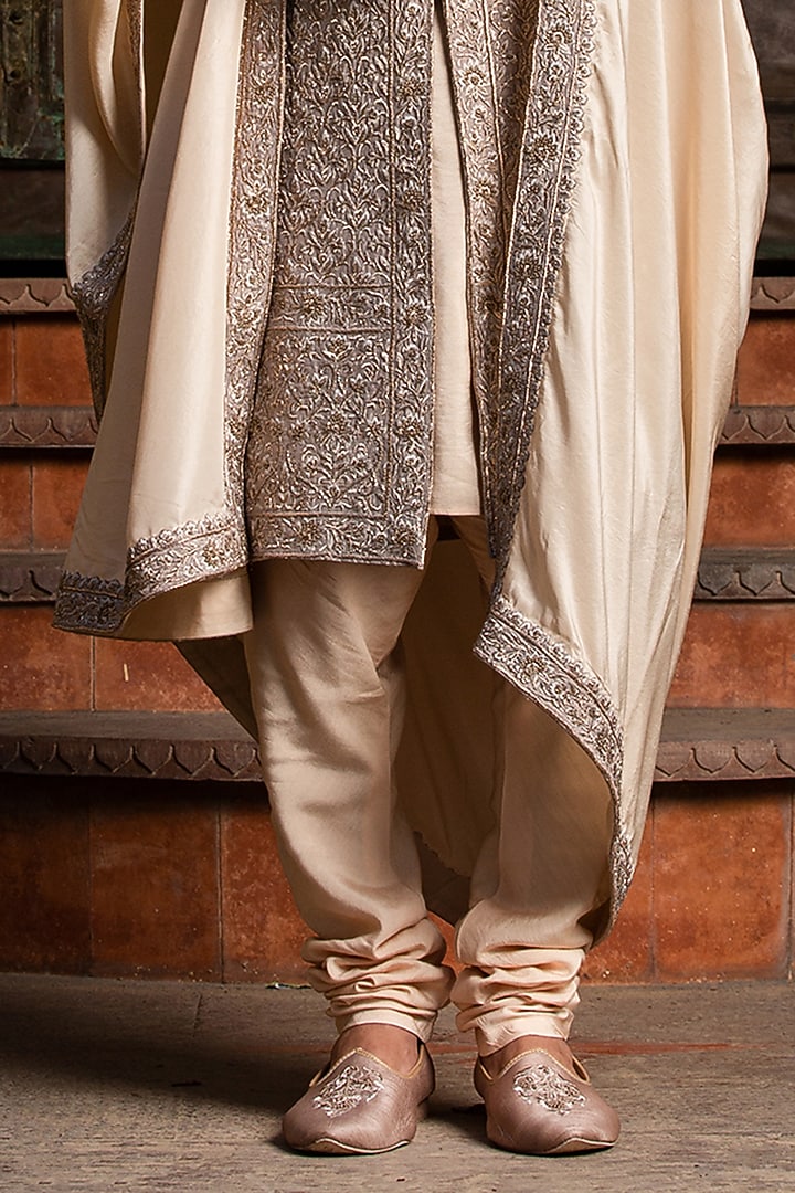 Coffee Brown Dupion Raw Silk Dabka & Bead Embroidered Groom Sherwani Set by NITIKA GUJRAL MEN at Pernia's Pop Up Shop