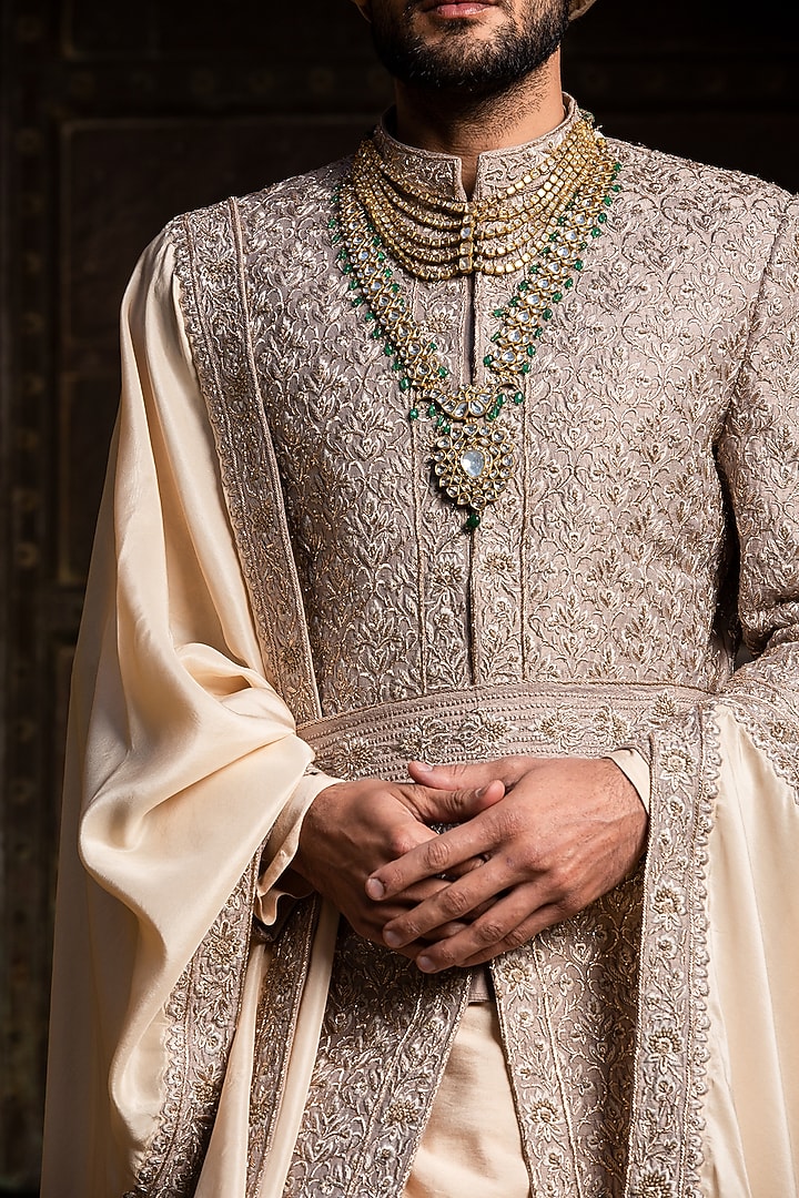 Coffee Brown Dupion Raw Silk Dabka & Bead Embroidered Groom Sherwani Set by NITIKA GUJRAL MEN at Pernia's Pop Up Shop