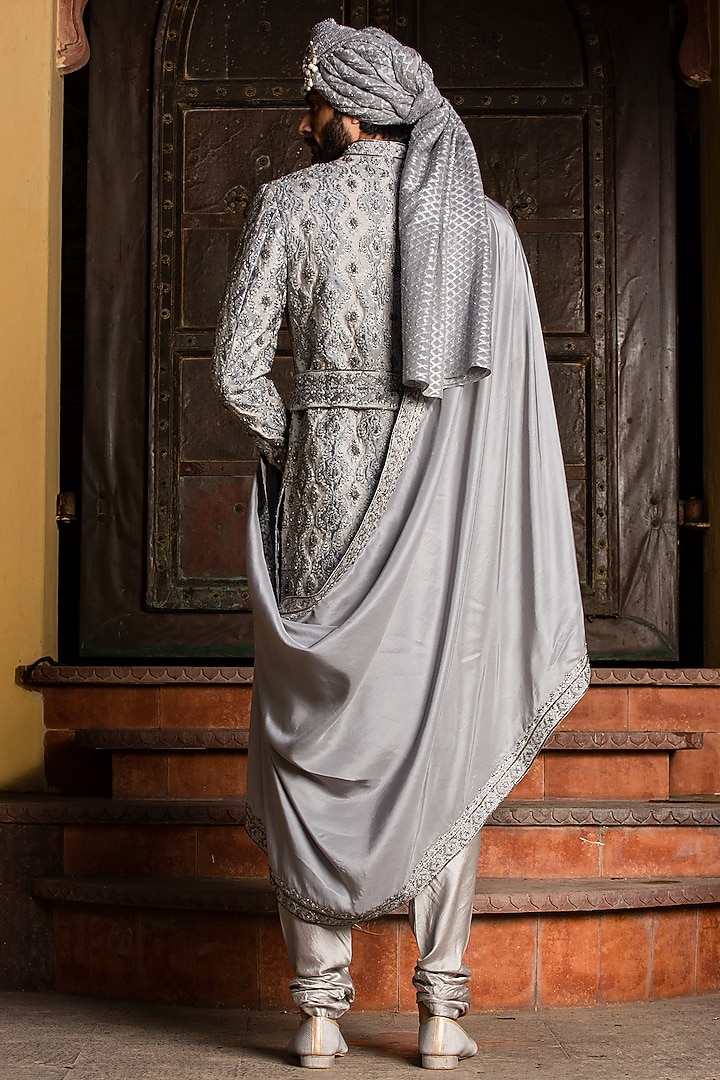 Grey Dupion Silk Applique Embroidered Groom Sherwani Set by NITIKA GUJRAL MEN at Pernia's Pop Up Shop