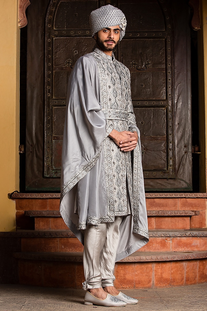 Grey Dupion Silk Applique Embroidered Groom Sherwani Set by NITIKA GUJRAL MEN at Pernia's Pop Up Shop