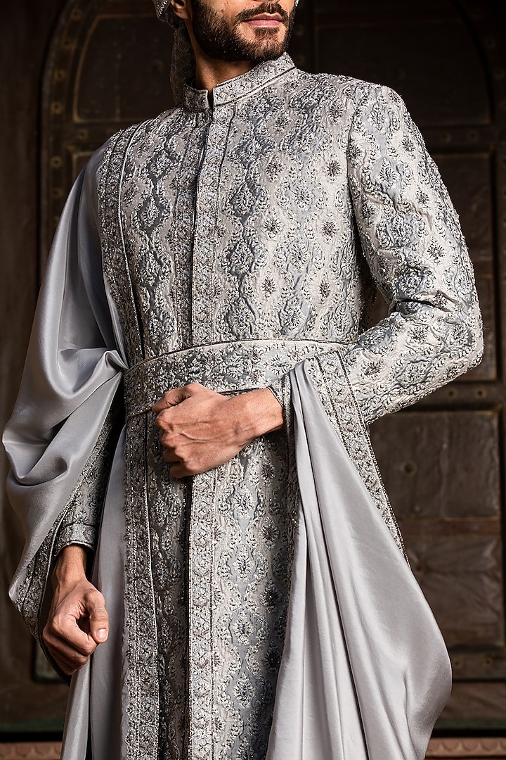 Grey Dupion Silk Applique Embroidered Groom Sherwani Set by NITIKA GUJRAL MEN at Pernia's Pop Up Shop