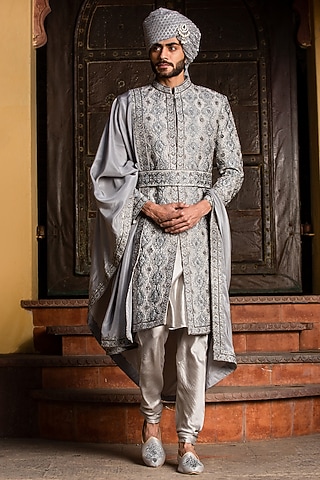 Grey Dupion Silk Embroidered Sherwani Set by NITIKA GUJRAL MEN