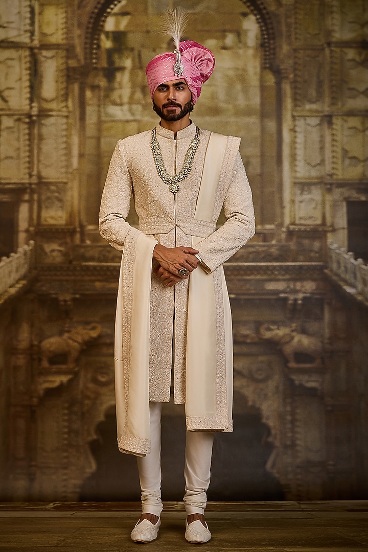 Ivory Raw Silk & Cotton Silk Cutdana Embroidered Groom Sherwani Set by NITIKA GUJRAL MEN at Pernia's Pop Up Shop