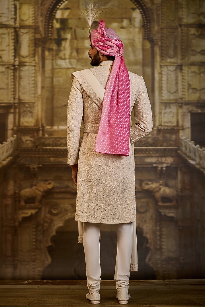 Ivory Raw Silk & Cotton Silk Cutdana Embroidered Groom Sherwani Set by NITIKA GUJRAL MEN at Pernia's Pop Up Shop