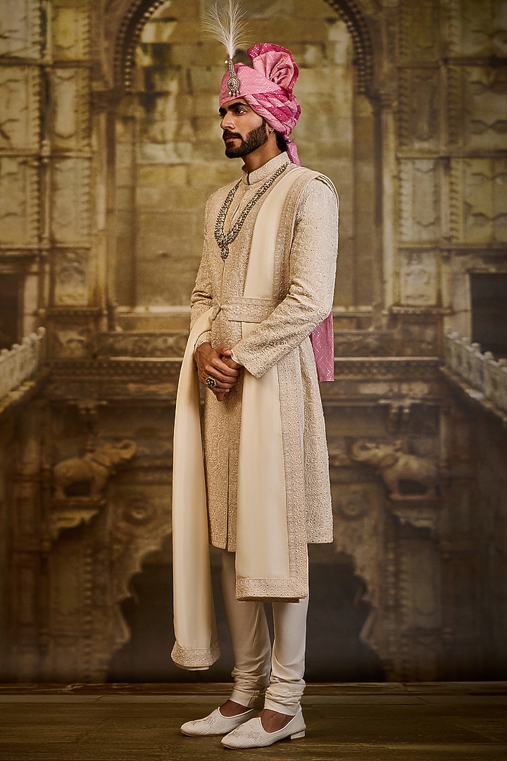 Ivory Raw Silk & Cotton Silk Cutdana Embroidered Groom Sherwani Set by NITIKA GUJRAL MEN at Pernia's Pop Up Shop