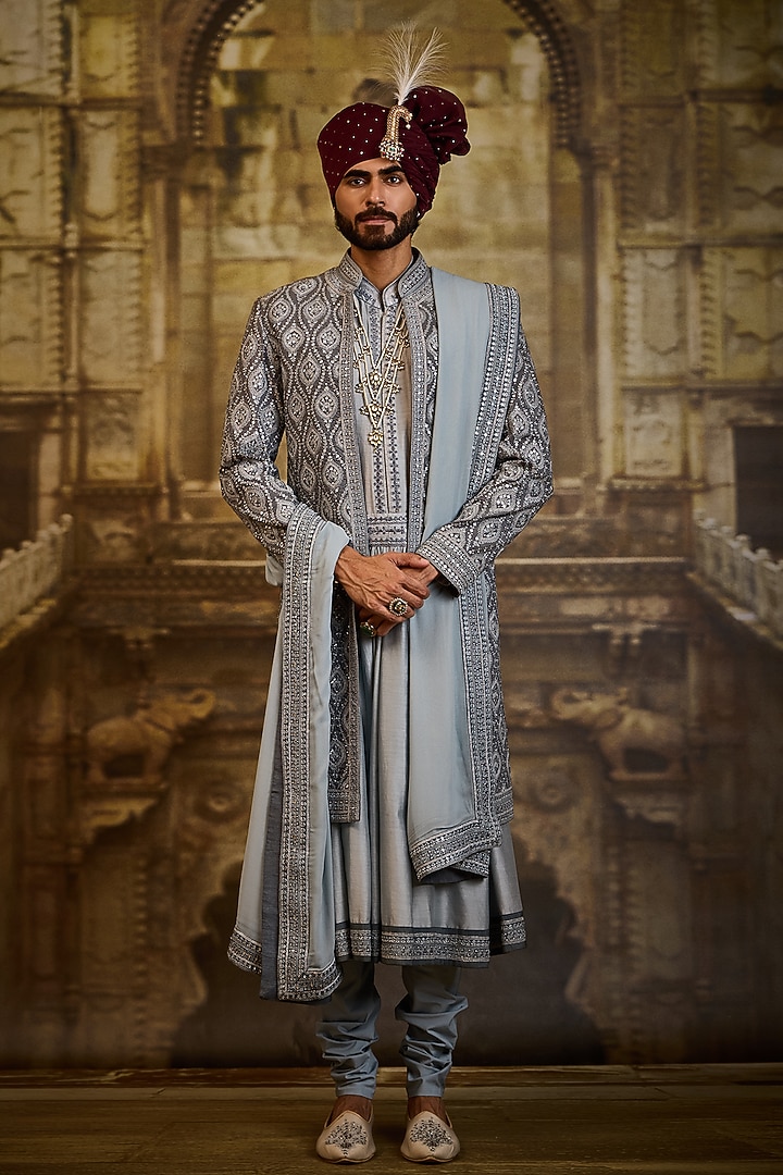Blue-Grey Raw Silk & Cotton Silk Embroidered Groom Sherwani Set by NITIKA GUJRAL MEN at Pernia's Pop Up Shop