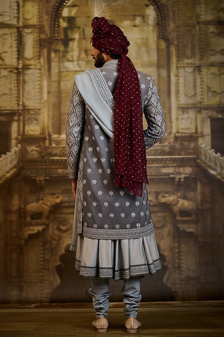 Blue-Grey Raw Silk & Cotton Silk Embroidered Groom Sherwani Set by NITIKA GUJRAL MEN at Pernia's Pop Up Shop
