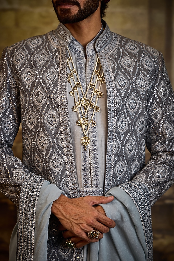 Blue-Grey Raw Silk & Cotton Silk Embroidered Groom Sherwani Set by NITIKA GUJRAL MEN at Pernia's Pop Up Shop