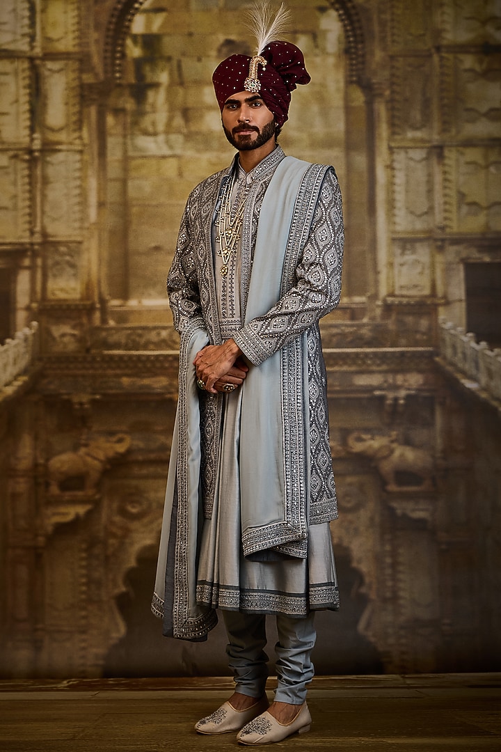 Blue-Grey Raw Silk & Cotton Silk Embroidered Groom Sherwani Set by NITIKA GUJRAL MEN at Pernia's Pop Up Shop
