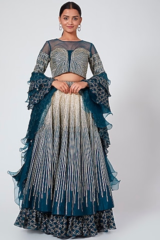 Teal Blue Embroidered Lehenga Set by Nayna Kapoor