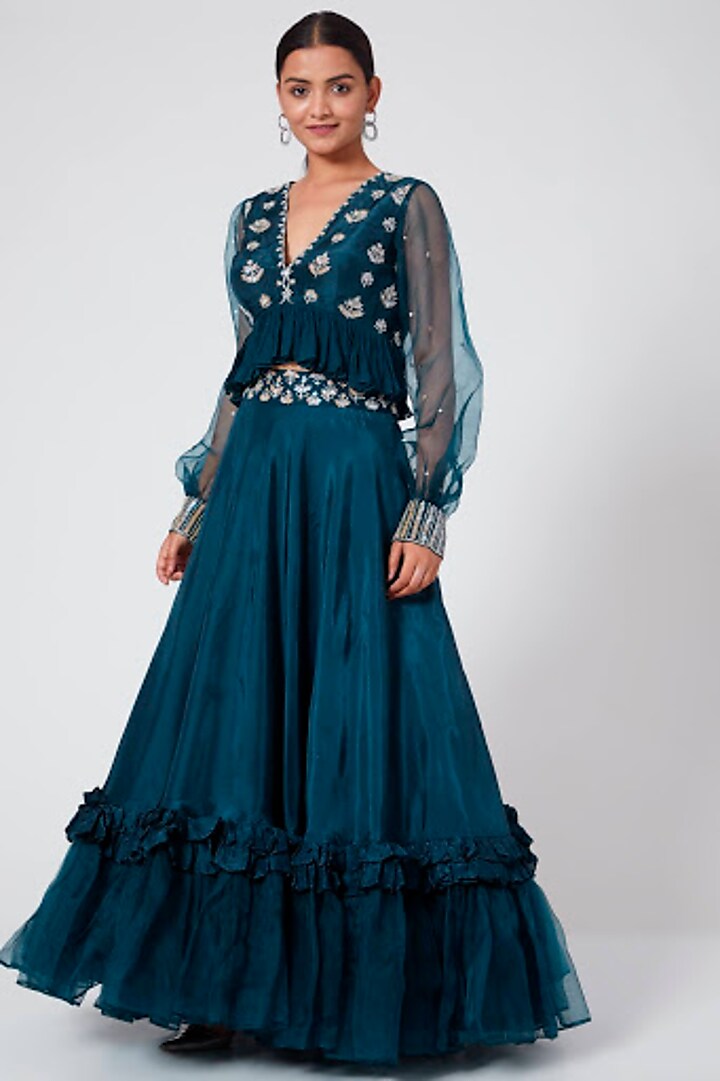 Blue Embroidered Skirt Set by Nayna Kapoor